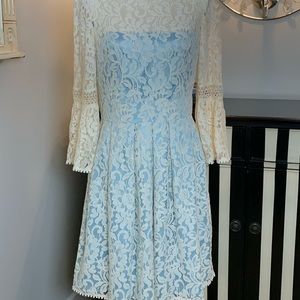 *SOLD* Eliza J blue dress with ivory lace overlay.